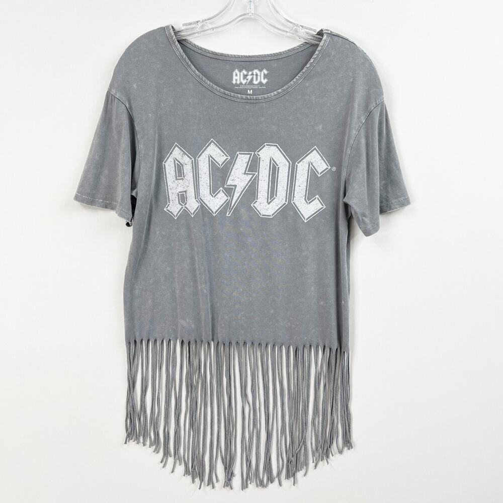 AC/DC Gray T Shirt Medium Fringe Bottom Band Tee Rock and Roll Music Women's Med